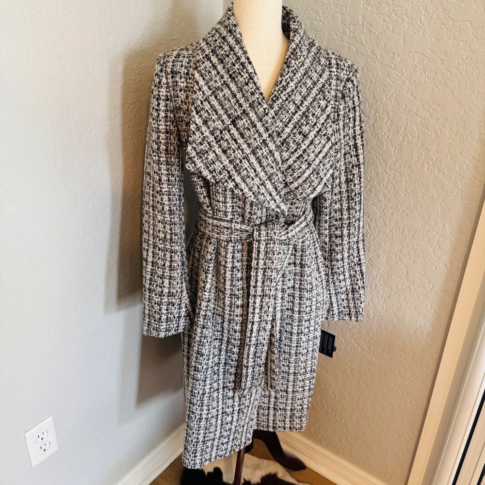 Sam Edelman Tweed Drape Lapel Wrap Coat, Natural Tweed, Black Gray Size 8, NWT - Picture 9 of 15